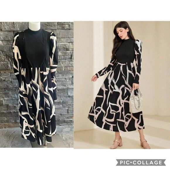 SHEIN‎ Woman’s Dress MIDI Puff Sleeves Black Ivory Beige XL Flowy Stretch Trendy - Picture 1 of 7